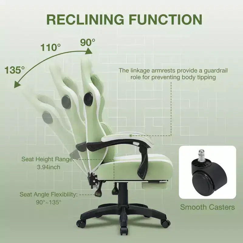 Hoffree Chaise de massage de jeu en tissu respirant Chaise de bureau PC ergonomique avec haut-parleur Bluetooth et repose-pieds