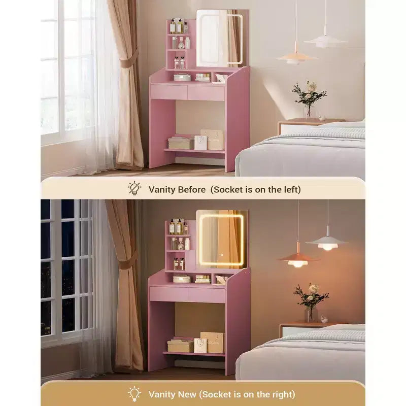 Coiffeuse avec miroir carré et éclairage - Petite table de maquillage avec chaises