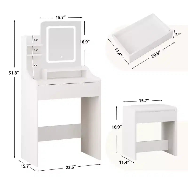 Coiffeuse avec miroir carré et éclairage - Petite table de maquillage avec chaises