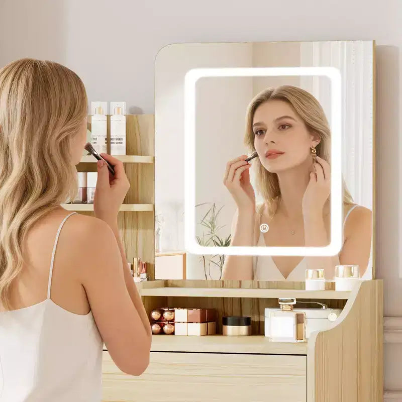 Coiffeuse avec miroir carré et éclairage - Petite table de maquillage avec chaises