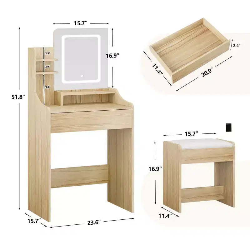 Coiffeuse avec miroir carré et éclairage - Petite table de maquillage avec chaises