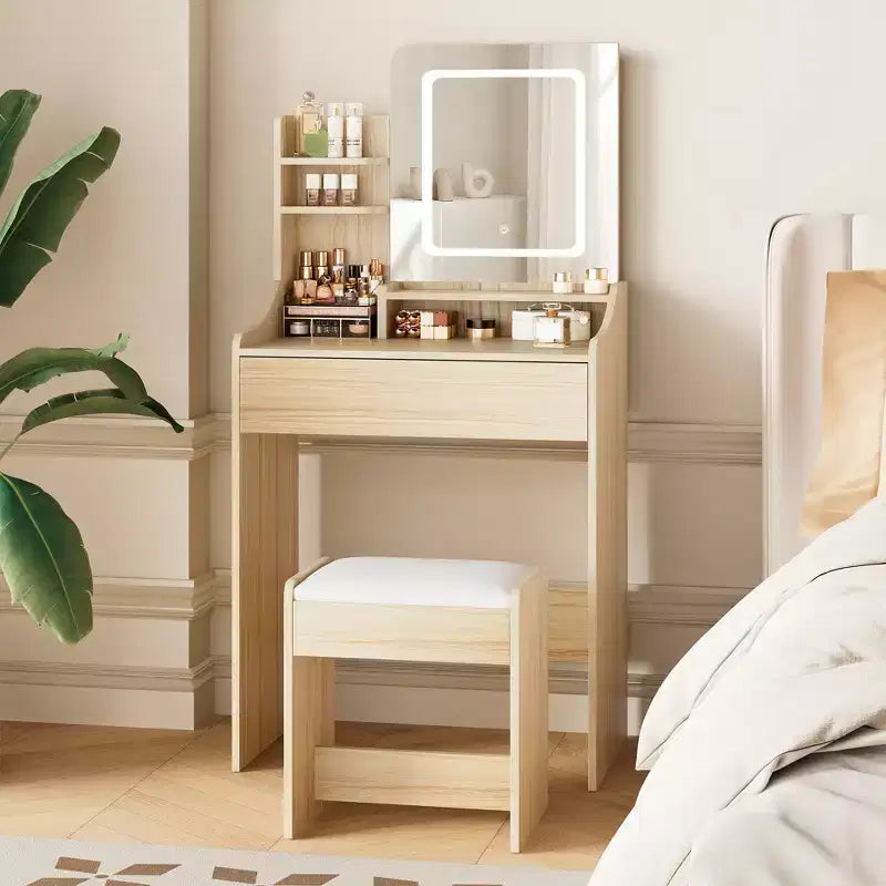 Coiffeuse avec miroir carré et éclairage - Petite table de maquillage avec chaises