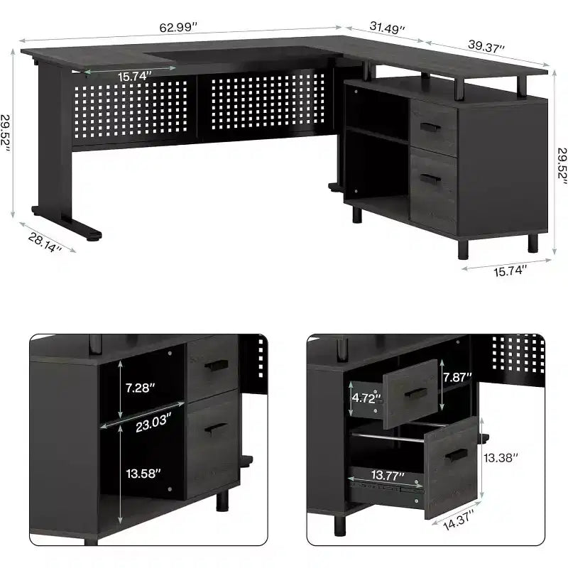 Bureau de direction Lantine de 160 cm avec classeur, grand bureau d'ordinateur en L avec étagères de rangement