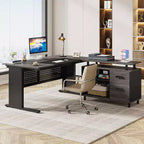 Bureau de direction Lantine de 160 cm avec classeur, grand bureau d'ordinateur en L avec étagères de rangement