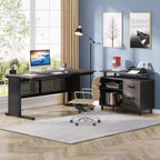 Bureau de direction Lantine de 160 cm avec classeur, grand bureau d'ordinateur en L avec étagères de rangement