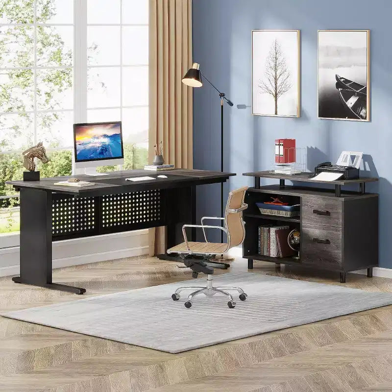 Bureau de direction Lantine de 160 cm avec classeur, grand bureau d'ordinateur en L avec étagères de rangement