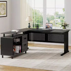 Bureau de direction Lantine de 160 cm avec classeur, grand bureau d'ordinateur en L avec étagères de rangement