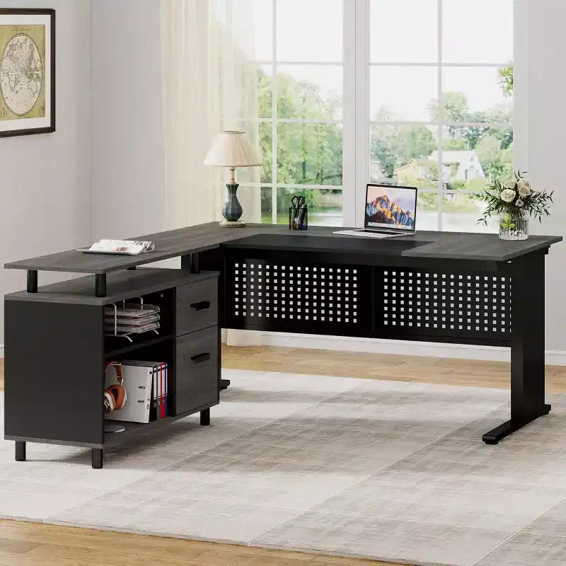 Bureau de direction Lantine de 160 cm avec classeur, grand bureau d'ordinateur en L avec étagères de rangement