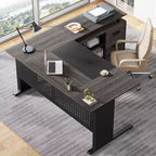 Bureau de direction Lantine de 160 cm avec classeur, grand bureau d'ordinateur en L avec étagères de rangement