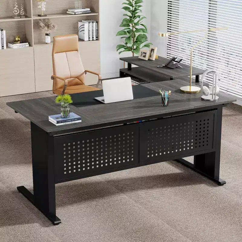 Bureau de direction Lantine de 160 cm avec classeur, grand bureau d'ordinateur en L avec étagères de rangement