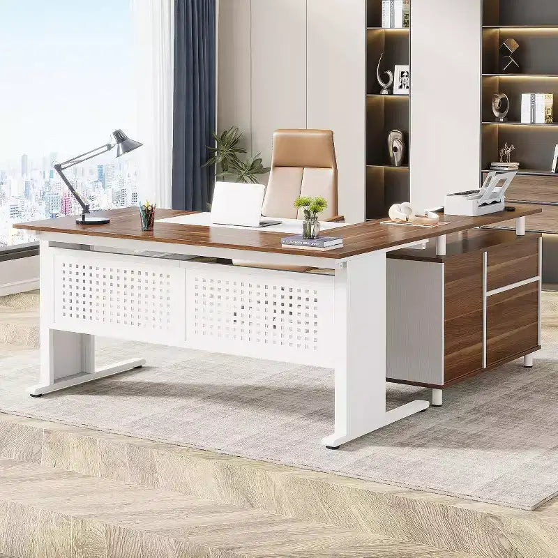 Bureau de direction Lantine de 160 cm avec classeur, grand bureau d'ordinateur en L avec étagères de rangement