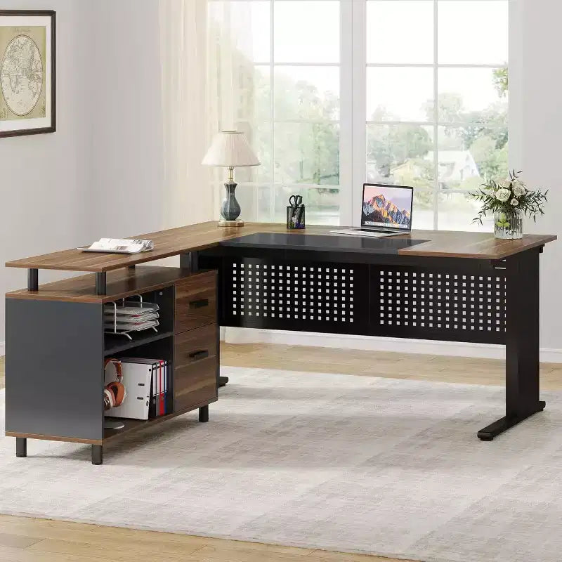 Bureau de direction Lantine de 160 cm avec classeur, grand bureau d'ordinateur en L avec étagères de rangement