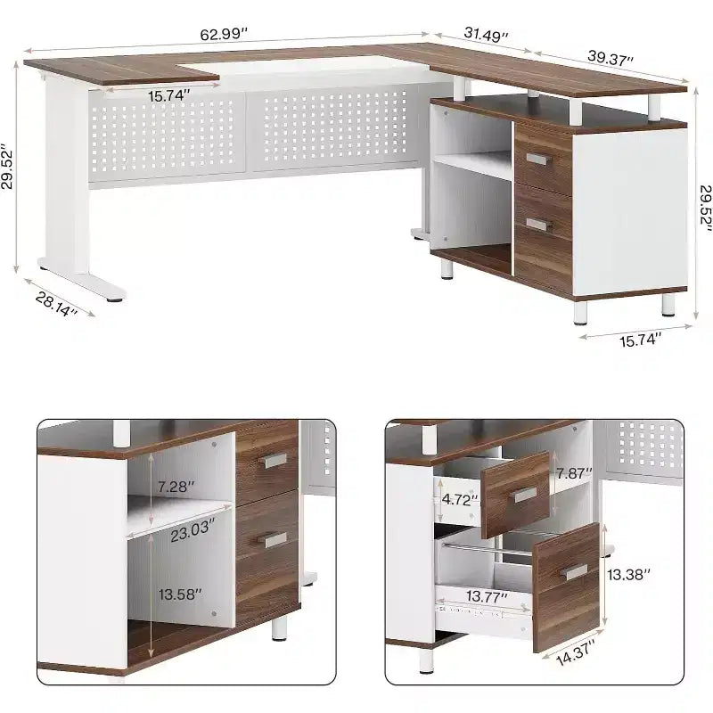 Bureau de direction Lantine de 160 cm avec classeur, grand bureau d'ordinateur en L avec étagères de rangement