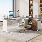 Bureau de direction Lantine de 160 cm avec classeur, grand bureau d'ordinateur en L avec étagères de rangement