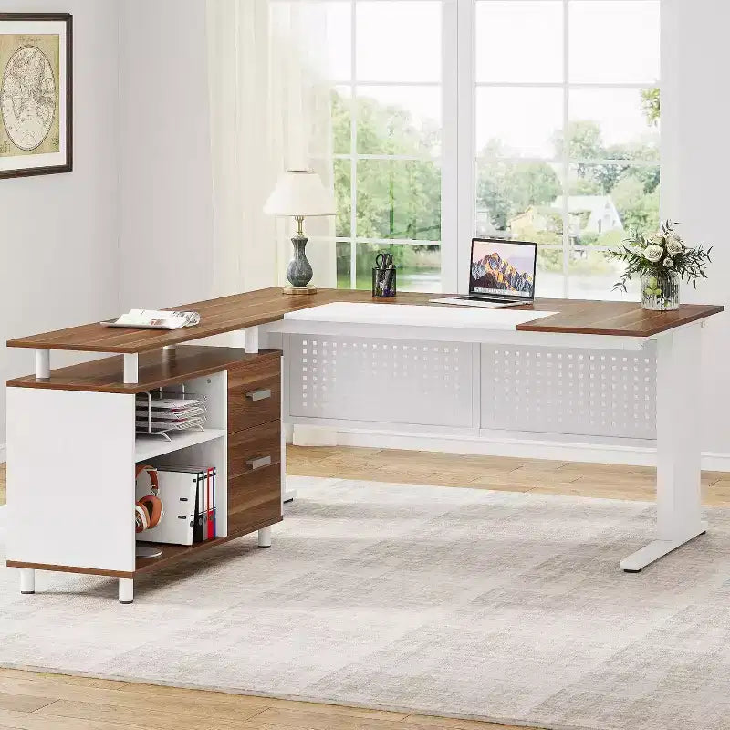 Bureau de direction Lantine de 160 cm avec classeur, grand bureau d'ordinateur en L avec étagères de rangement