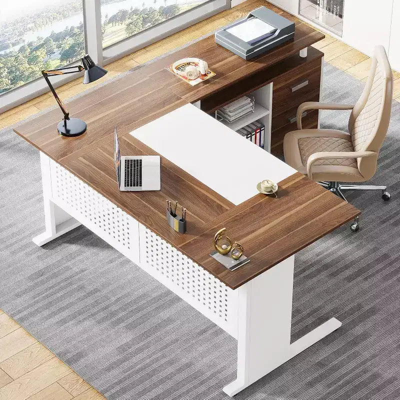 Bureau de direction Lantine de 160 cm avec classeur, grand bureau d'ordinateur en L avec étagères de rangement