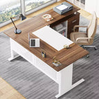 Bureau de direction Lantine de 160 cm avec classeur, grand bureau d'ordinateur en L avec étagères de rangement