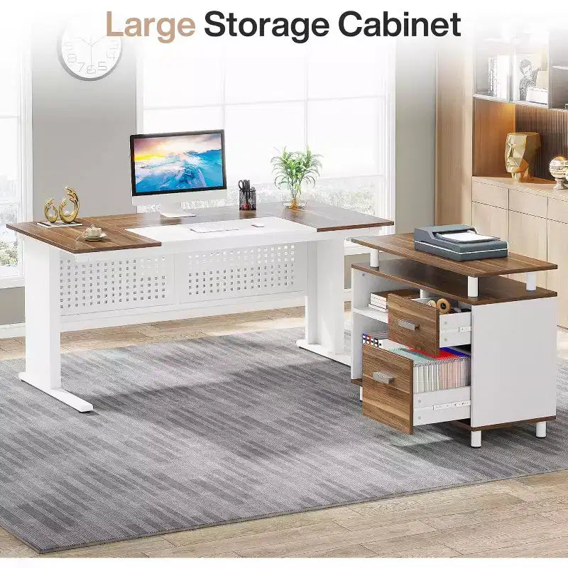 Bureau de direction Lantine de 160 cm avec classeur, grand bureau d'ordinateur en L avec étagères de rangement