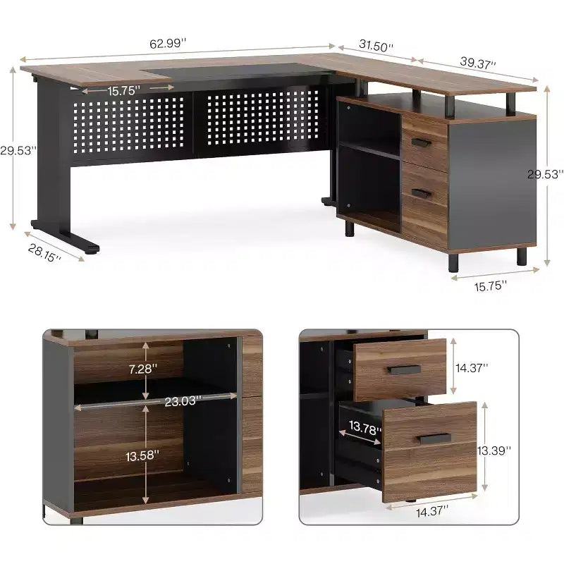 Bureau de direction Lantine de 160 cm avec classeur, grand bureau d'ordinateur en L avec étagères de rangement