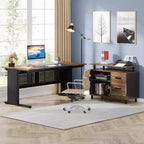 Bureau de direction Lantine de 160 cm avec classeur, grand bureau d'ordinateur en L avec étagères de rangement