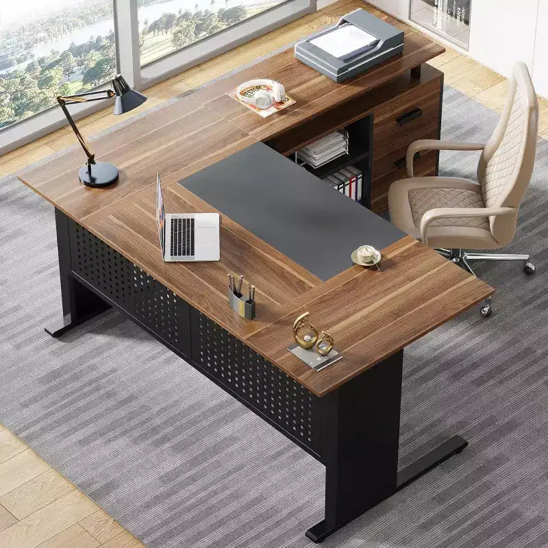 Bureau de direction Lantine de 160 cm avec classeur, grand bureau d'ordinateur en L avec étagères de rangement