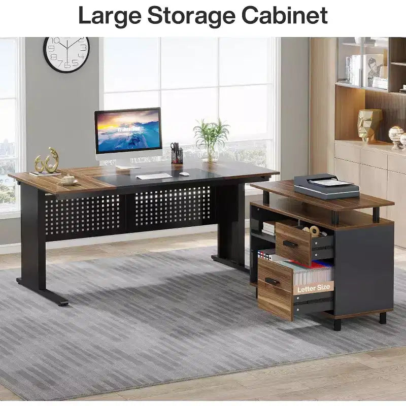Bureau de direction Lantine de 160 cm avec classeur, grand bureau d'ordinateur en L avec étagères de rangement