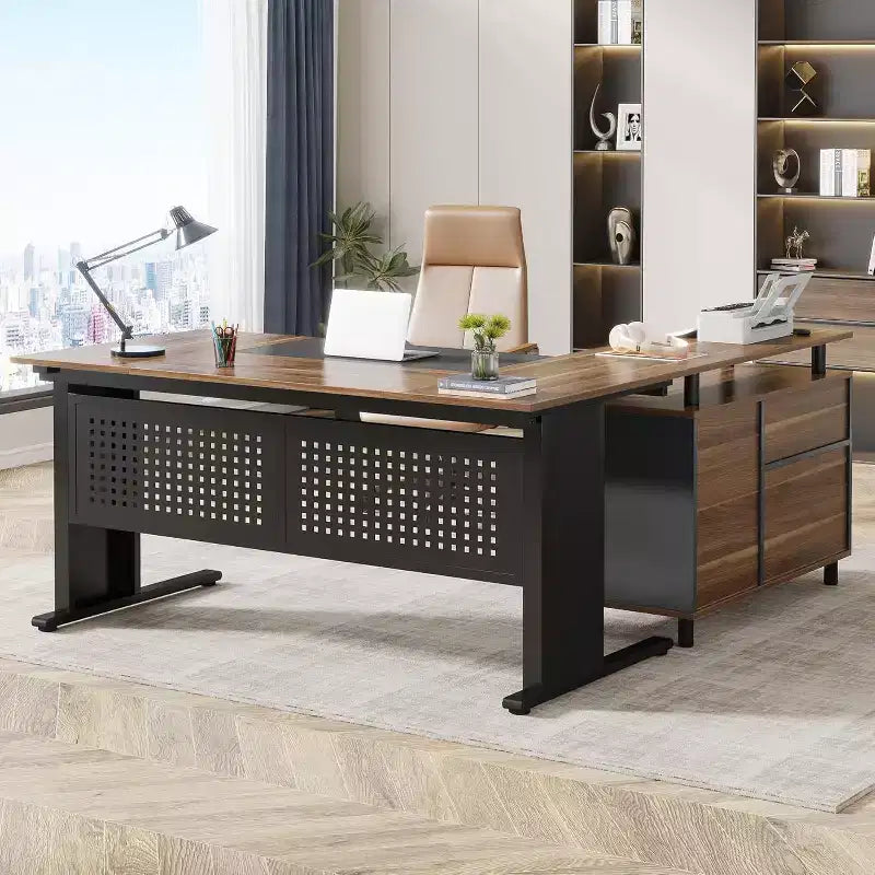 Bureau de direction Lantine de 160 cm avec classeur, grand bureau d'ordinateur en L avec étagères de rangement