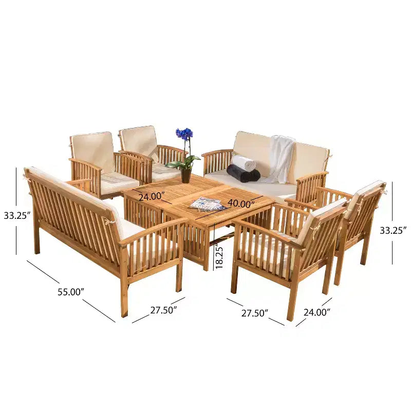 Christopher Knight Home Navan Outdoor Acacia Wood 8 Seater Chat Set with Water-Resistant Cushion