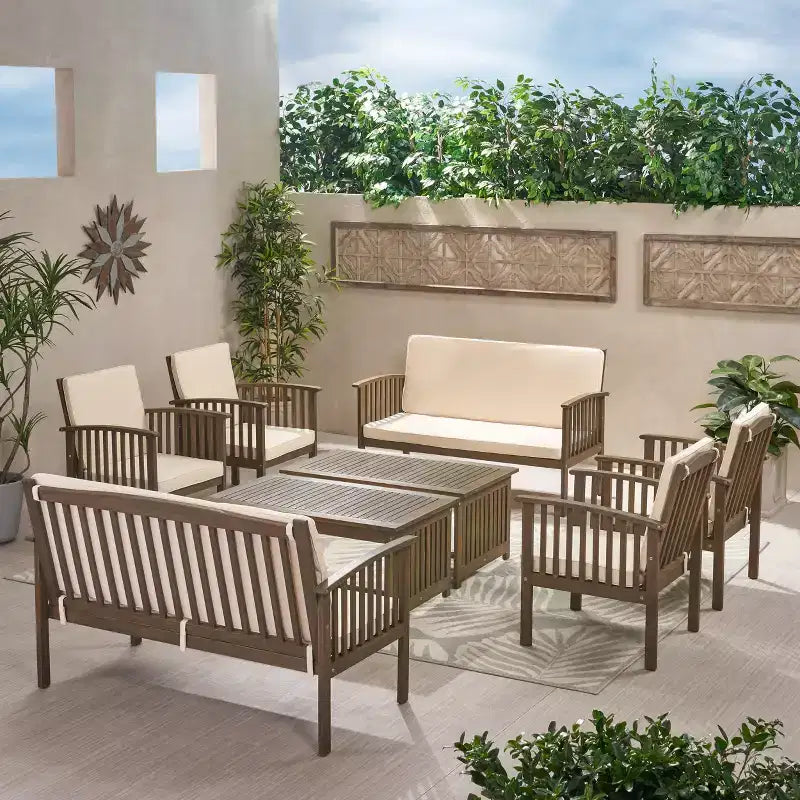 Christopher Knight Home Navan Outdoor Acacia Wood 8 Seater Chat Set with Water-Resistant Cushion