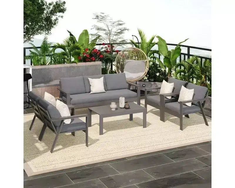 Heynemo 7-Seat Outdoor Patio Aluminum Furniture Sofa Sets, Modern Outside Sectional Conversation Metal Couch Chairs Sets With Cushions