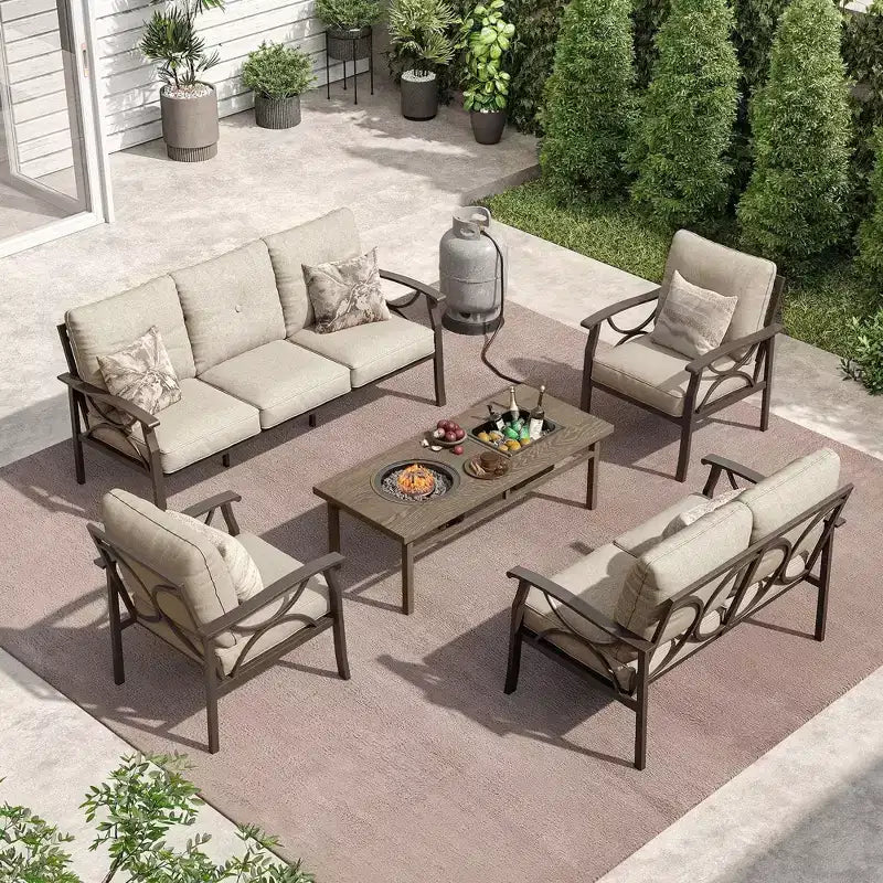 HeynemoOutdoor Patio Furniture Set, 5 Piece Patio Conversation Set with Fire Table and Ottomans, Metal Furniture Set for Porch Backyard Garden