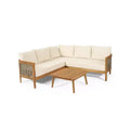 Christopher Knight Home Burchett Outdoor Acacia Wood and Round Wicker 5 Seater Sectional Sofa Chat Set with Cushions, Teak/Beige