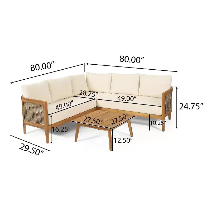 Christopher Knight Home Burchett Outdoor Acacia Wood and Round Wicker 5 Seater Sectional Sofa Chat Set with Cushions, Teak/Beige