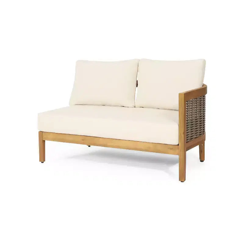 Christopher Knight Home Burchett Outdoor Acacia Wood and Round Wicker 5 Seater Sectional Sofa Chat Set with Cushions, Teak/Beige