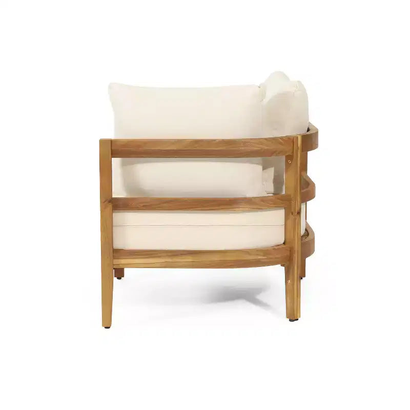 GDFStudio Hiland Outdoor Acacia Wood and Round Wicker 5 Seater Sectional Sofa Set with Cushions, Teak/Beige