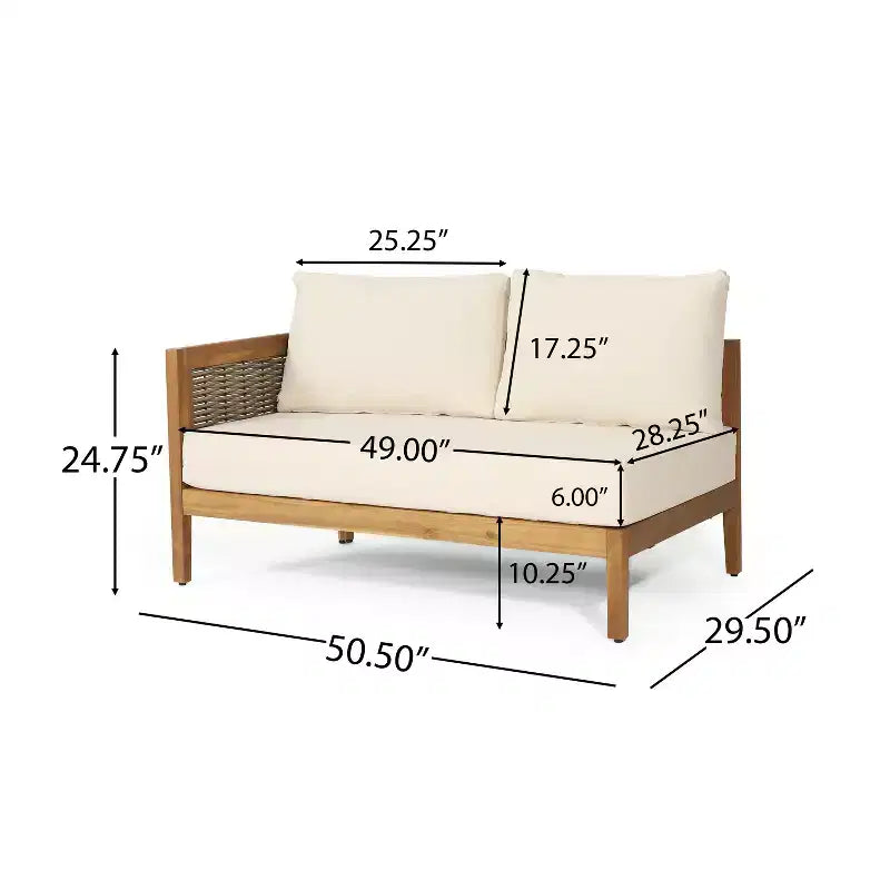 GDFStudio Hiland Outdoor Acacia Wood and Round Wicker 5 Seater Sectional Sofa Set with Cushions, Teak/Beige