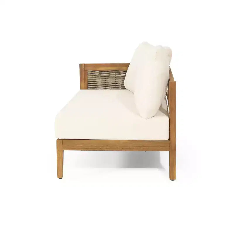 GDFStudio Hiland Outdoor Acacia Wood and Round Wicker 5 Seater Sectional Sofa Set with Cushions, Teak/Beige