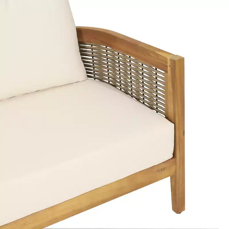 GDFStudio Hiland Outdoor Acacia Wood and Round Wicker 5 Seater Sectional Sofa Set with Cushions, Teak/Beige