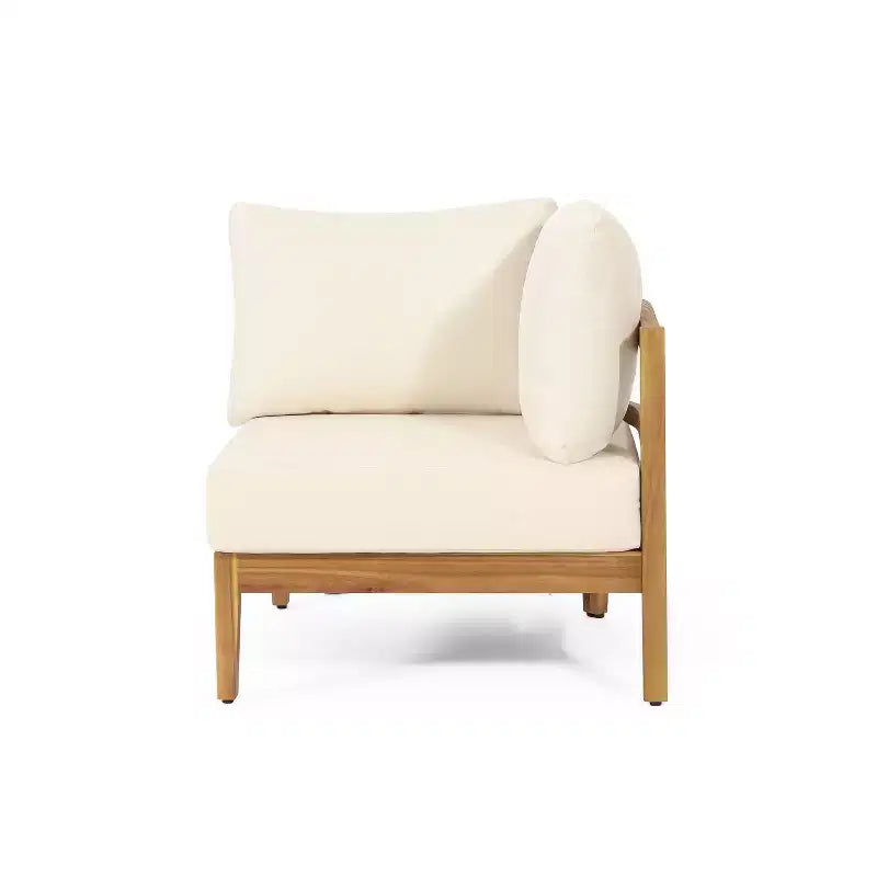GDFStudio Hiland Outdoor Acacia Wood and Round Wicker 5 Seater Sectional Sofa Set with Cushions, Teak/Beige