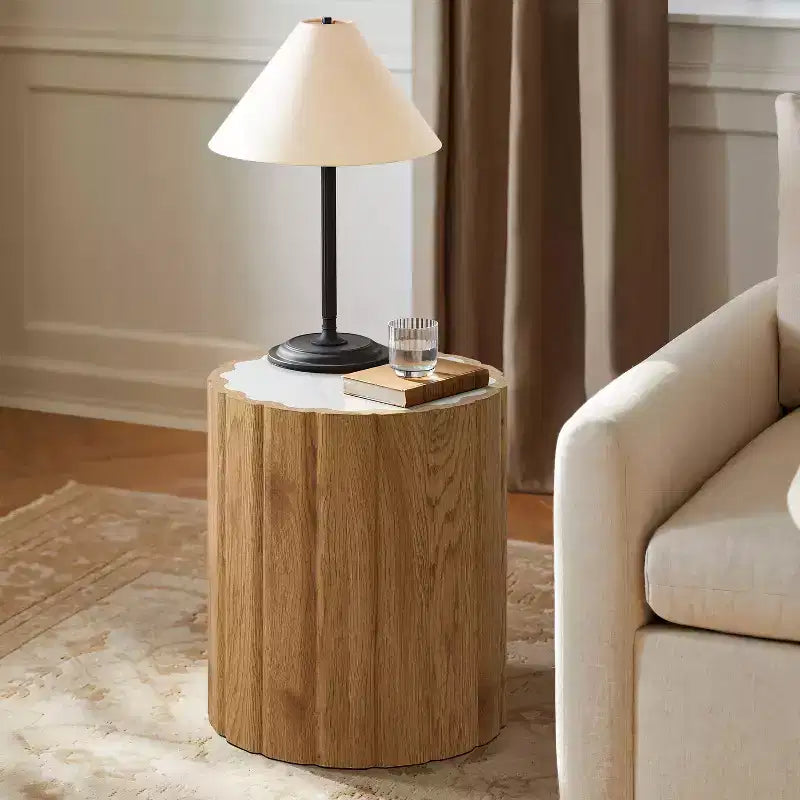 LuxenHome 18.9 Round Side Table, Accent End Table with Faux Marble Top, Small Side Table for Living Room, Bedroom, Couch Brown