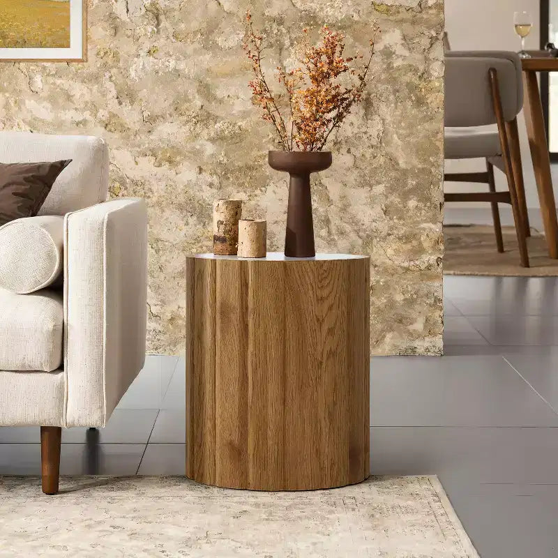 LuxenHome 18.9 Round Side Table, Accent End Table with Faux Marble Top, Small Side Table for Living Room, Bedroom, Couch Brown