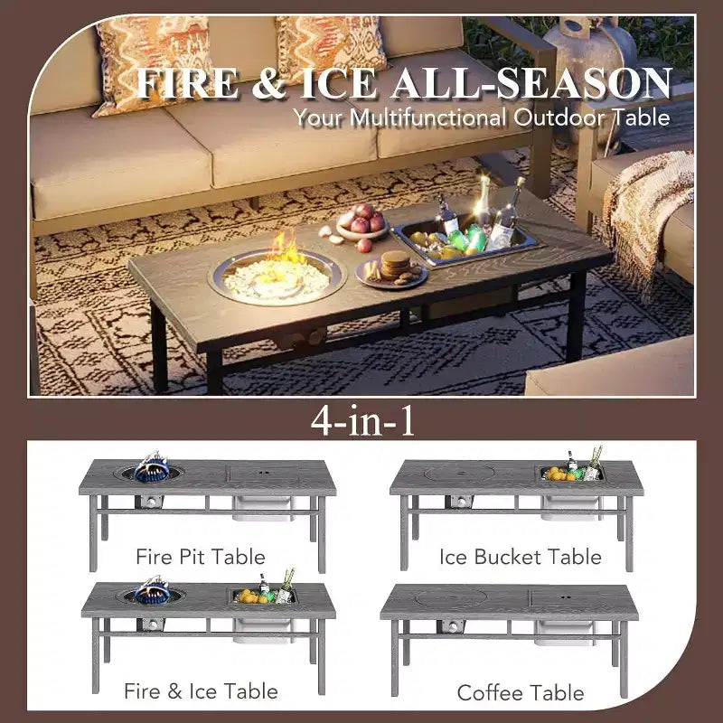 Ensemble de meubles de patio en aluminium Heynemo avec table brasero, 7 pièces, mobilier de jardin moderne avec poufs et table basse