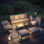 Ensemble de meubles de patio en aluminium Heynemo avec table brasero, 7 pièces, mobilier de jardin moderne avec poufs et table basse