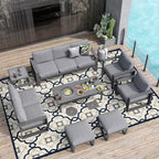 Heynemo Ensemble de mobilier de patio en aluminium avec table brasero, salon de jardin extérieur 8 pièces, canapé d'angle avec poufs et table basse