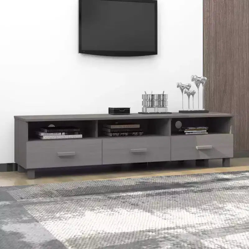 vidaXL Light Gray Pine TV Stand/Console Sideboard - 62.2 x 15.7 x 15.7 in | Solid Wood, MDF | 3 Drawers, 3 Compartments