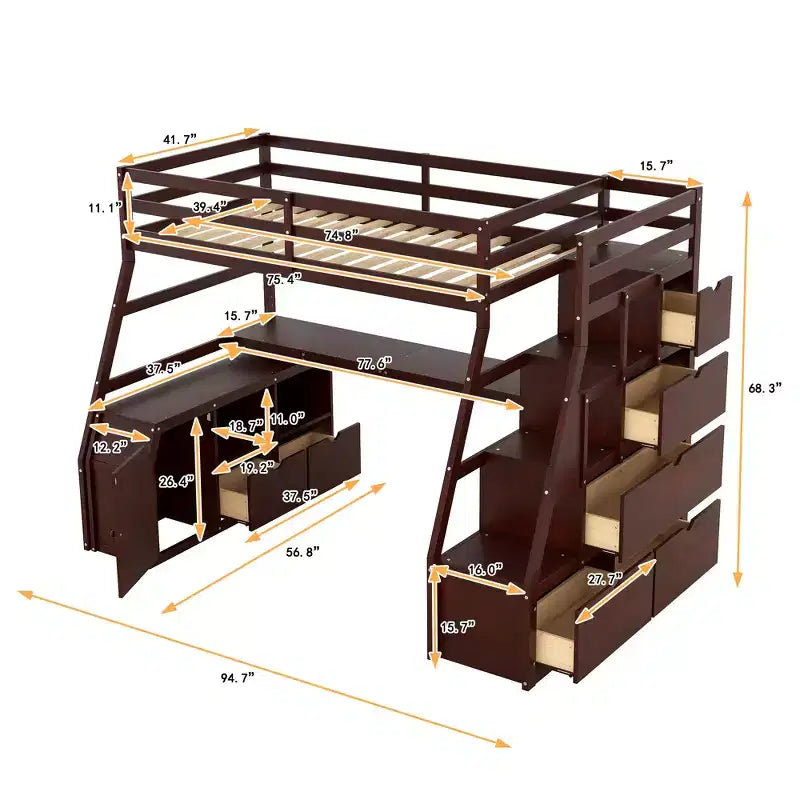 Whisen 94.7L x 56.8W Unique Design Twin Size Loft Bed with 7 Drawers, 2 Shelves and Desk, Comfortable Sleeping Area