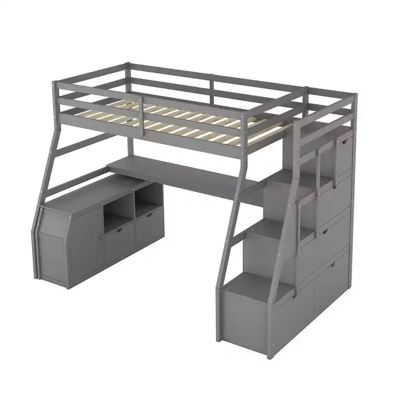 Whisen 94.7L x 56.8W Unique Design Twin Size Loft Bed with 7 Drawers, 2 Shelves and Desk, Comfortable Sleeping Area