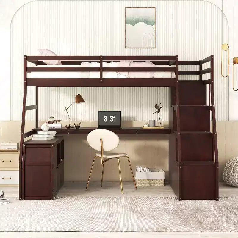 Whisen 94.7L x 56.8W Unique Design Twin Size Loft Bed with 7 Drawers, 2 Shelves and Desk, Comfortable Sleeping Area