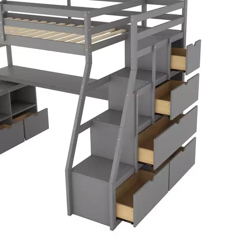 Whisen 94.7L x 56.8W Unique Design Twin Size Loft Bed with 7 Drawers, 2 Shelves and Desk, Comfortable Sleeping Area