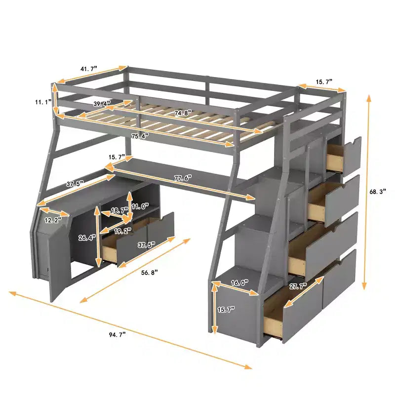Whisen 94.7L x 56.8W Unique Design Twin Size Loft Bed with 7 Drawers, 2 Shelves and Desk, Comfortable Sleeping Area